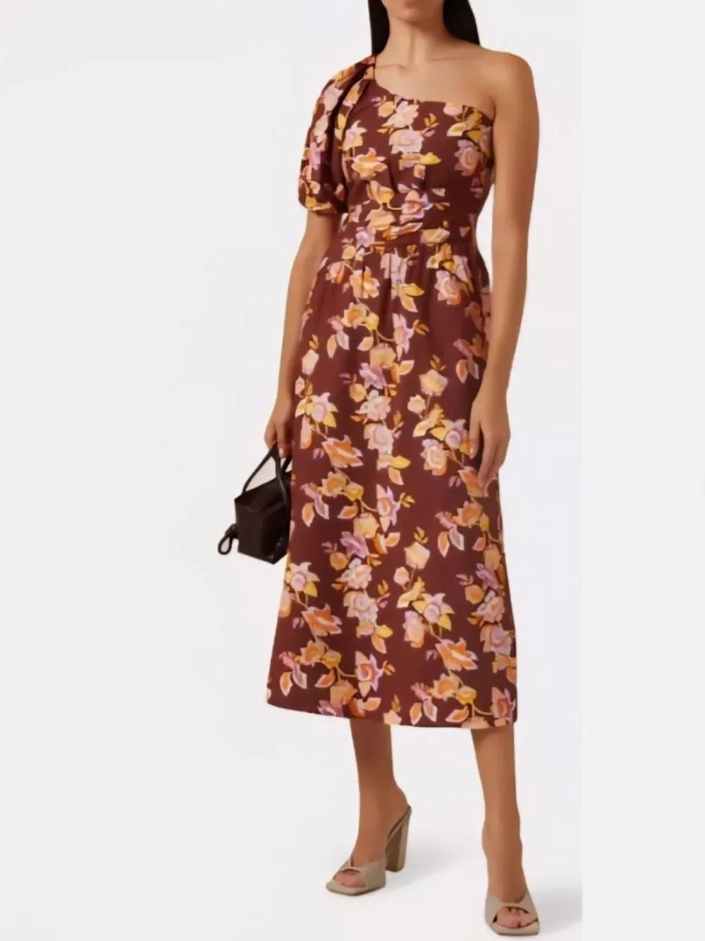 MINKPINK Giselle One Shoulder Dress Small NWT Brown Floral Cutout Midi Revolve